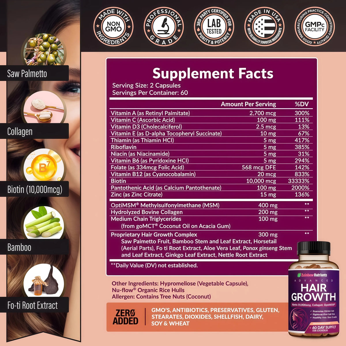 Hair Growth Vitamins for Women | Biotin 10,000mcg, Collagen, Patented OptiMSM®, goMCT®, Saw Palmetto | Naturally Regrow Stronger & Healthier Hair, Skin and Nails | Stops Hair Loss | 60 Day Supply