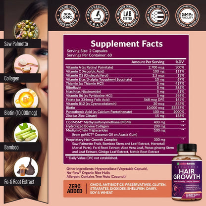 Hair Growth Vitamins for Women | Biotin 10,000mcg, Collagen, Patented OptiMSM®, goMCT®, Saw Palmetto | Naturally Regrow Stronger & Healthier Hair, Skin and Nails | Stops Hair Loss | 60 Day Supply